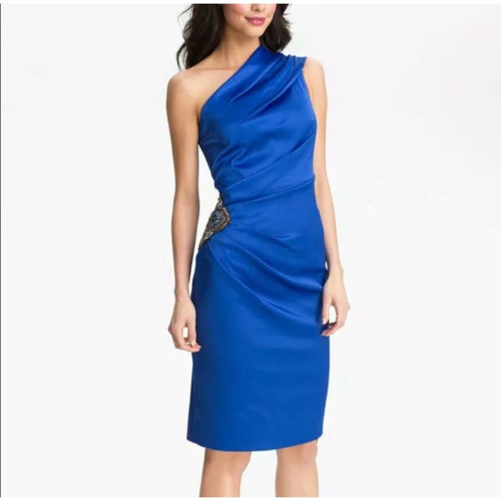 Eliza J Satin One Shoulder Beaded Cocktail Dress